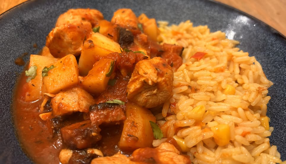 chicken, potato and chorizo stew with yellow savoury rice