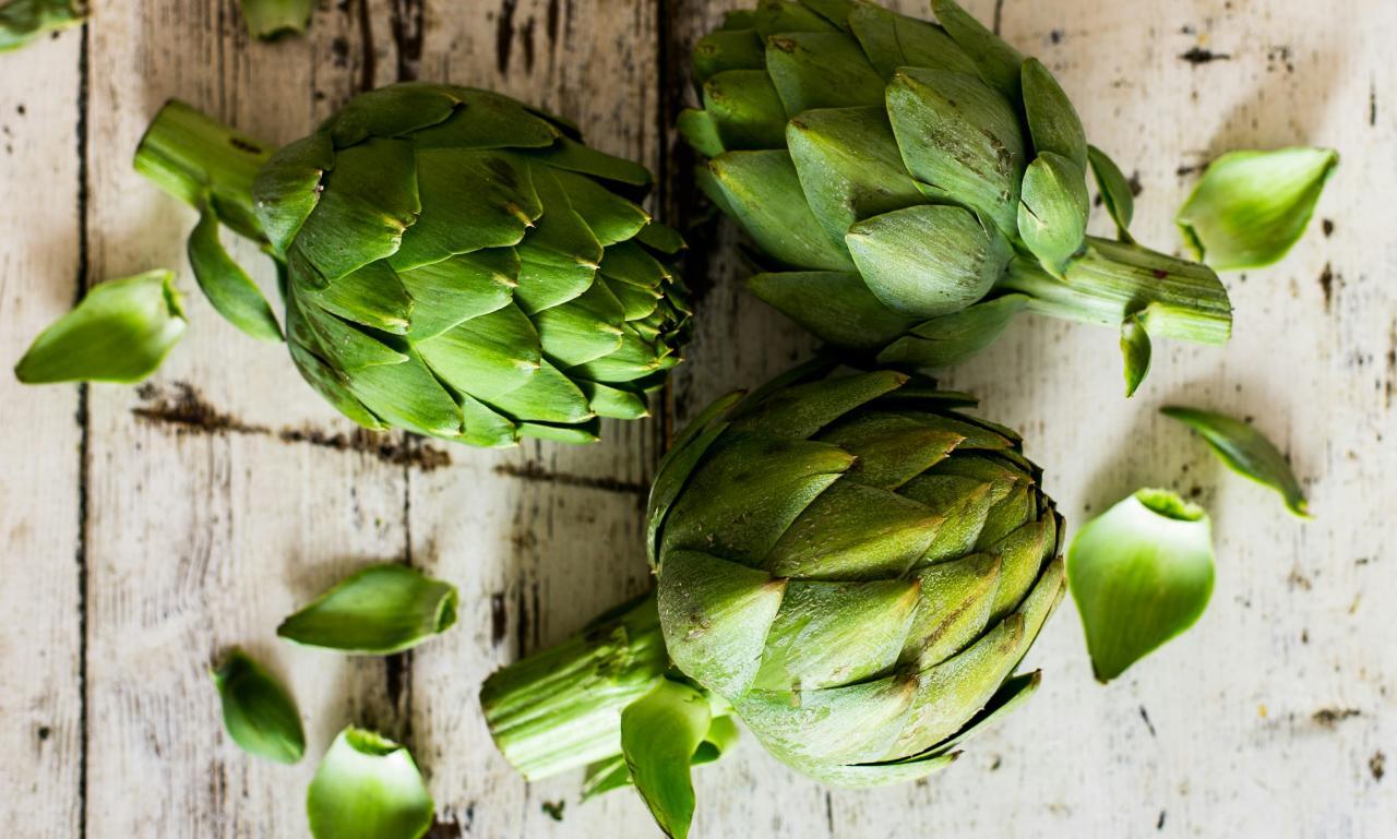 whole, fresh artichokes, bright green