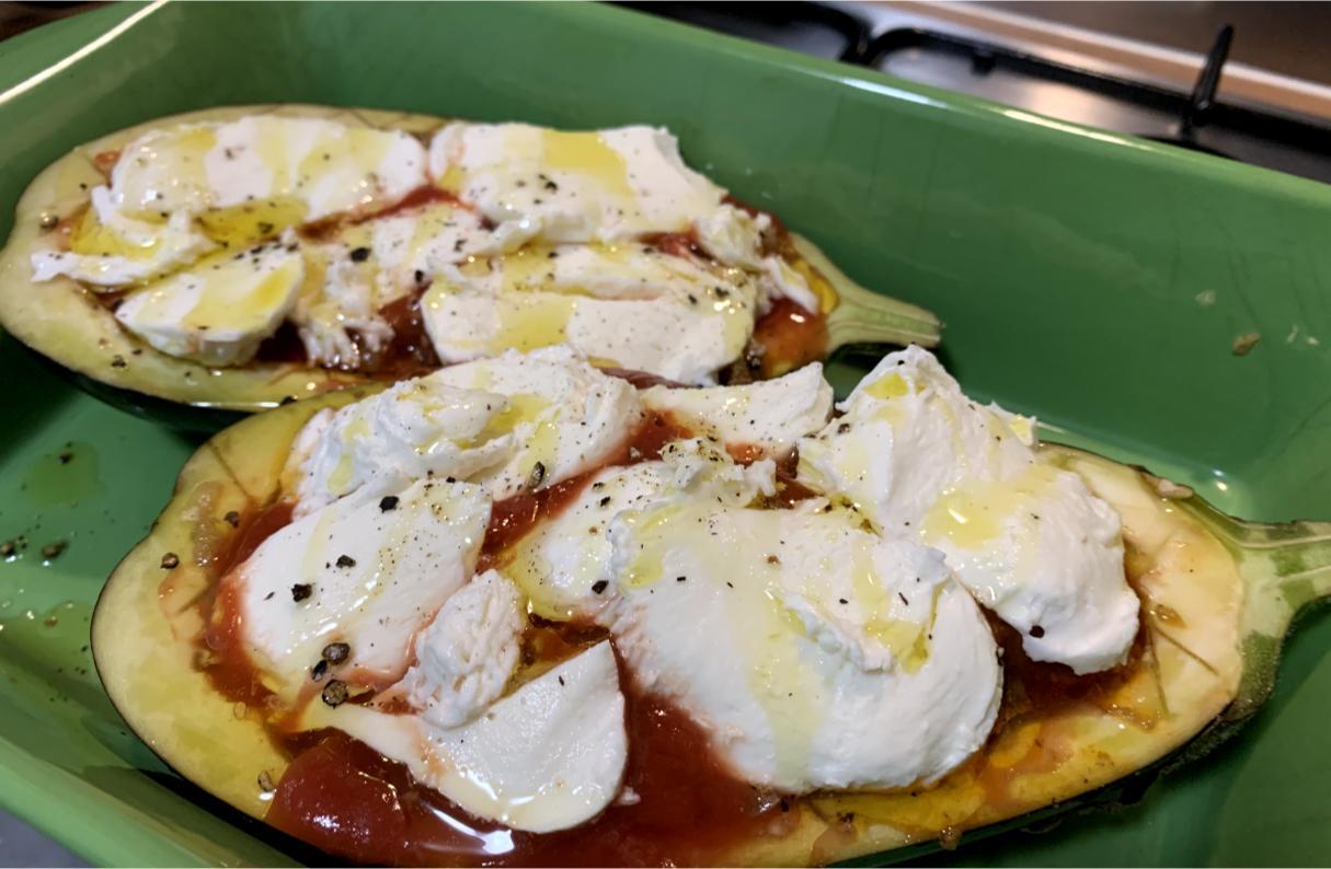 aubergine stuffed with ragù and topped with passata and mozzarella