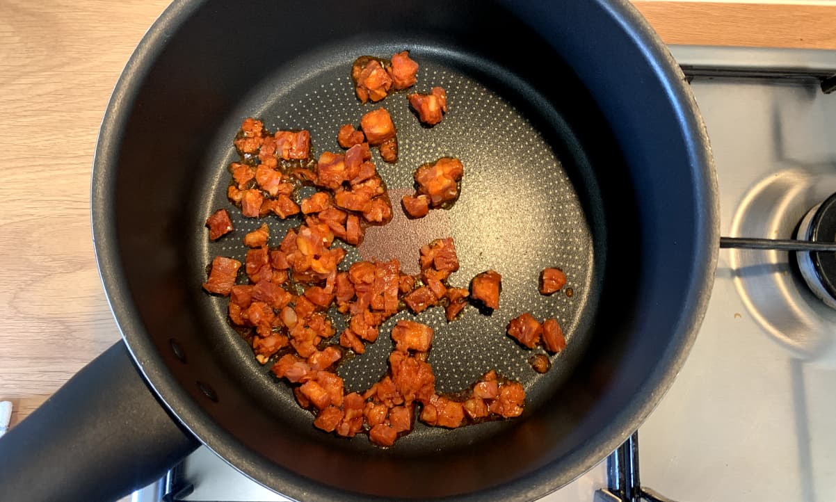 diced chorizo in a dry pan