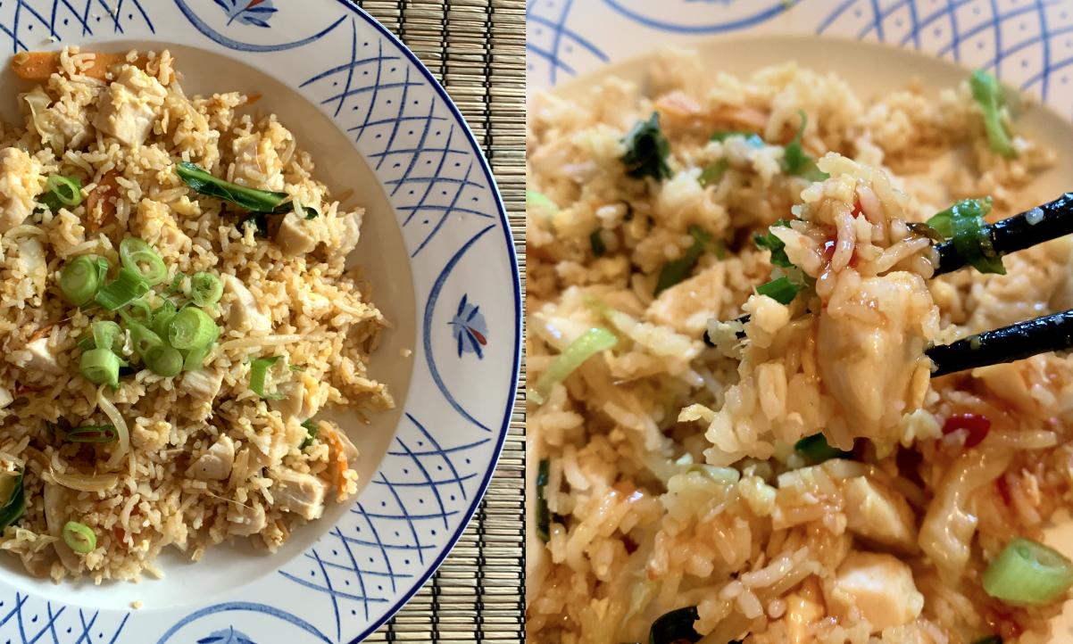 two images side by side showing chicken fried rice on the left, and a closeup on the right of the same dish, with a shiny slick of soy sauce