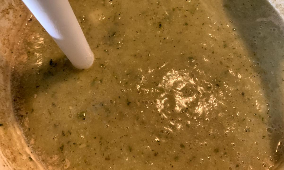 green cheesy courgette and potato soup blended 