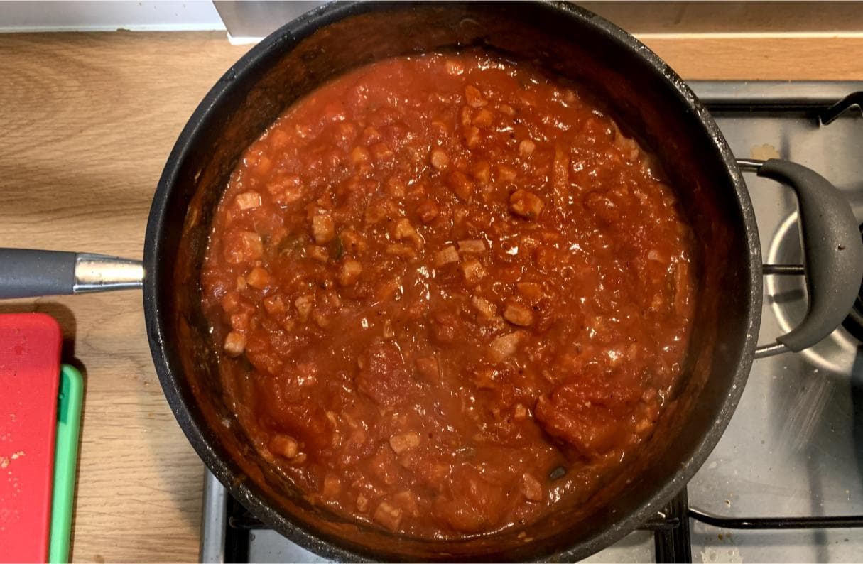 homemade amatriciana sauce cooking in a pan 