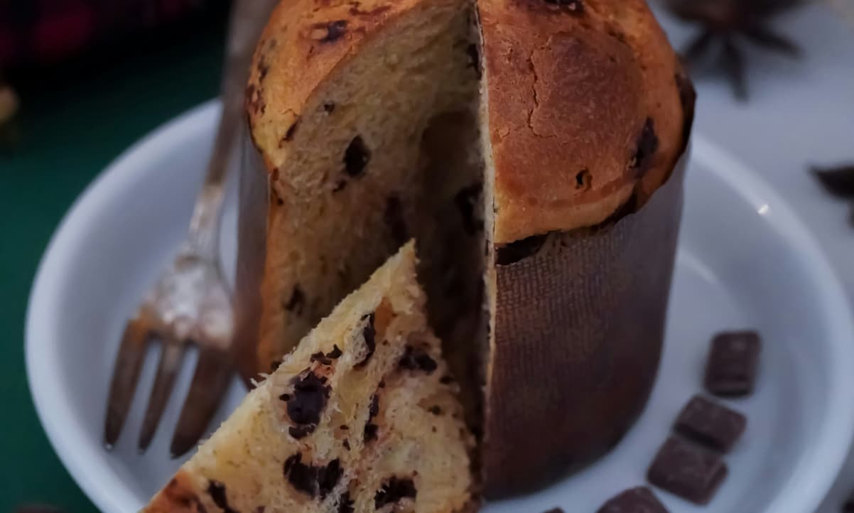 a closeup of a miniature pannettone with chocolate chips