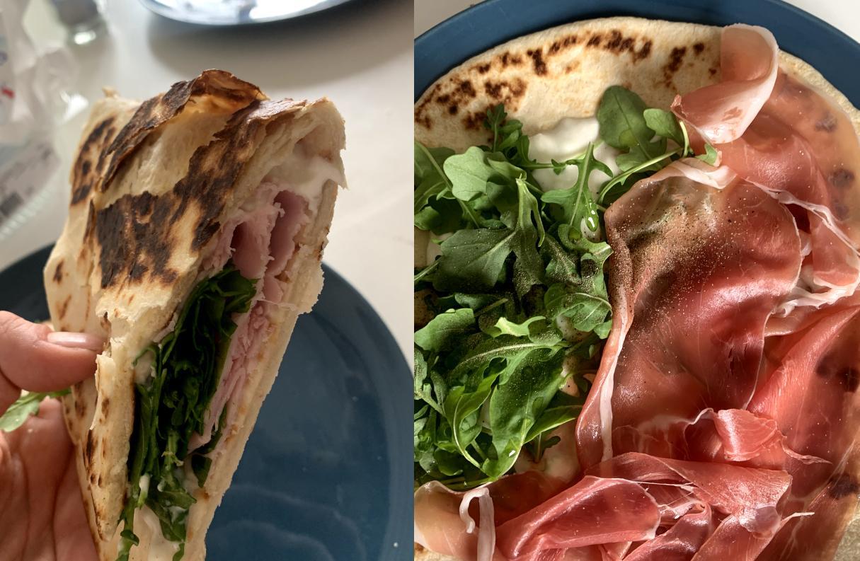 two images side by side displaying the inside and outside of a piadina