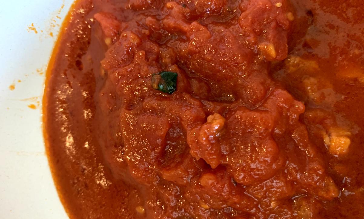 a close-up of Smoked Pancetta and Basil Pasta Sauce