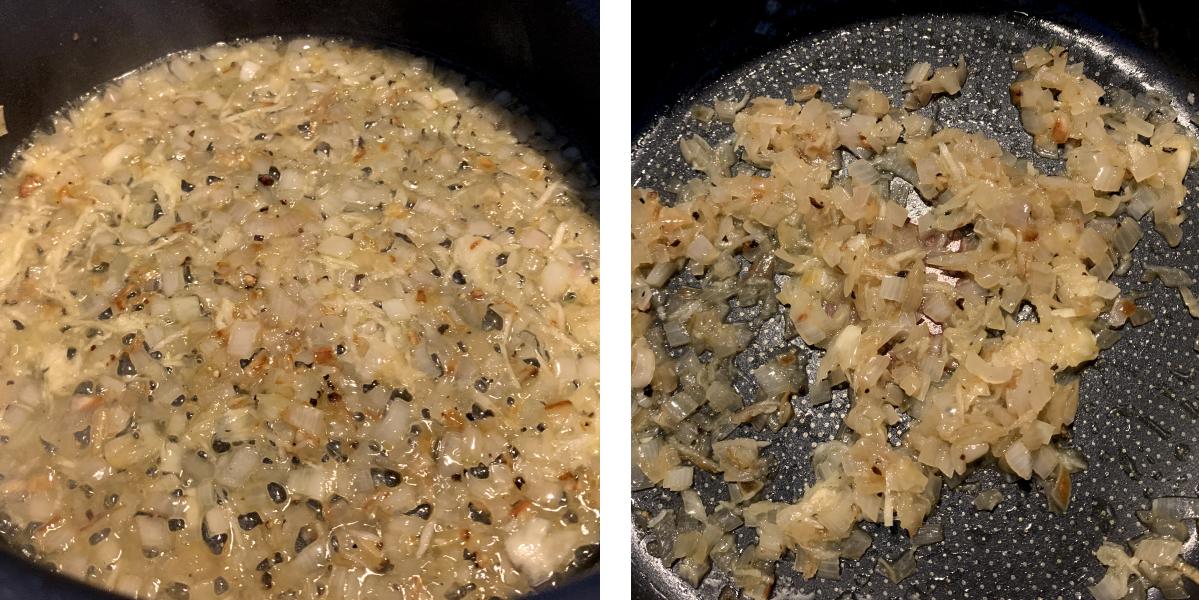 two images of shallots frying in a pan. The pan is dryer in the second image