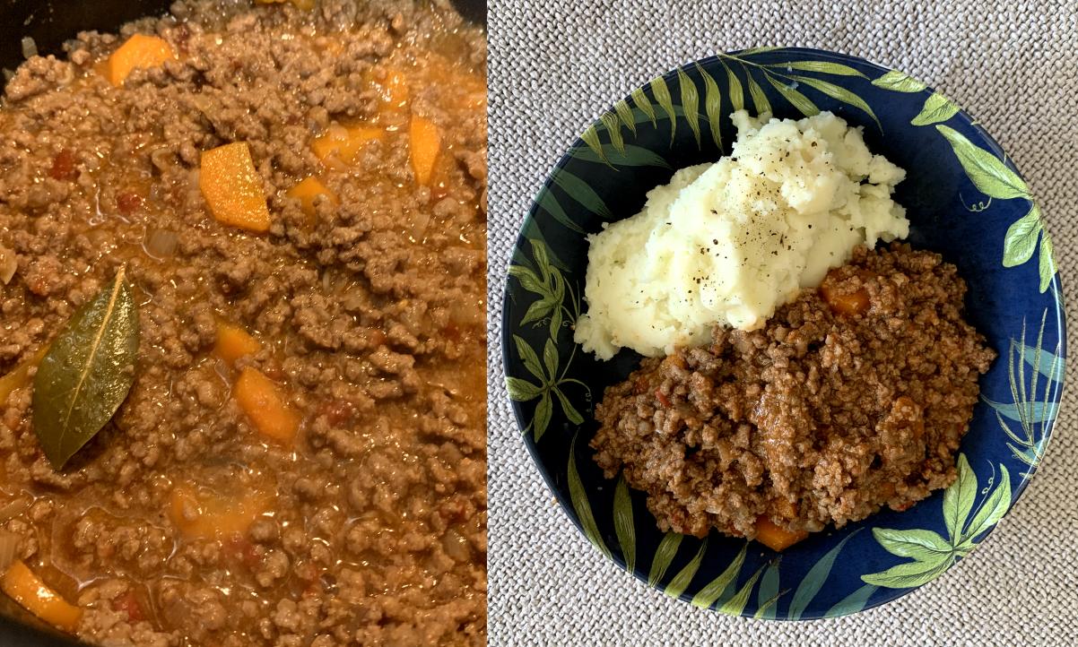 a closeup of mince in gravy on the left, and a bayleaf on top, and an overhead shot of mince and tatties on the right