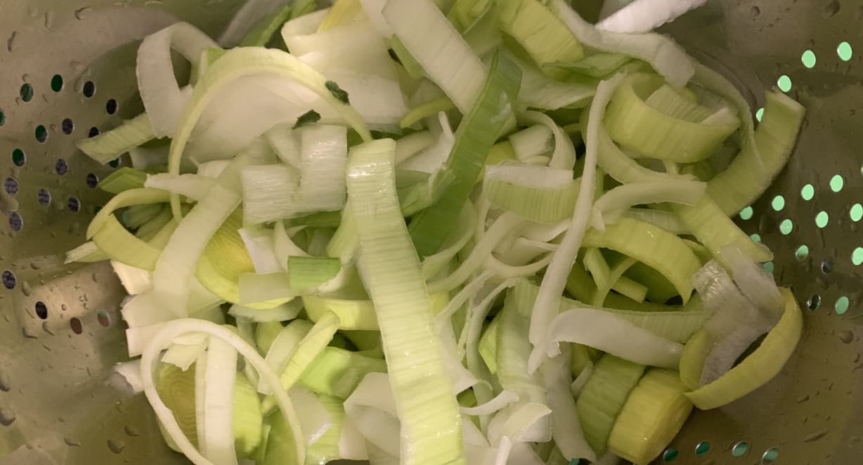 raw leeks photographed from above in a metal colander